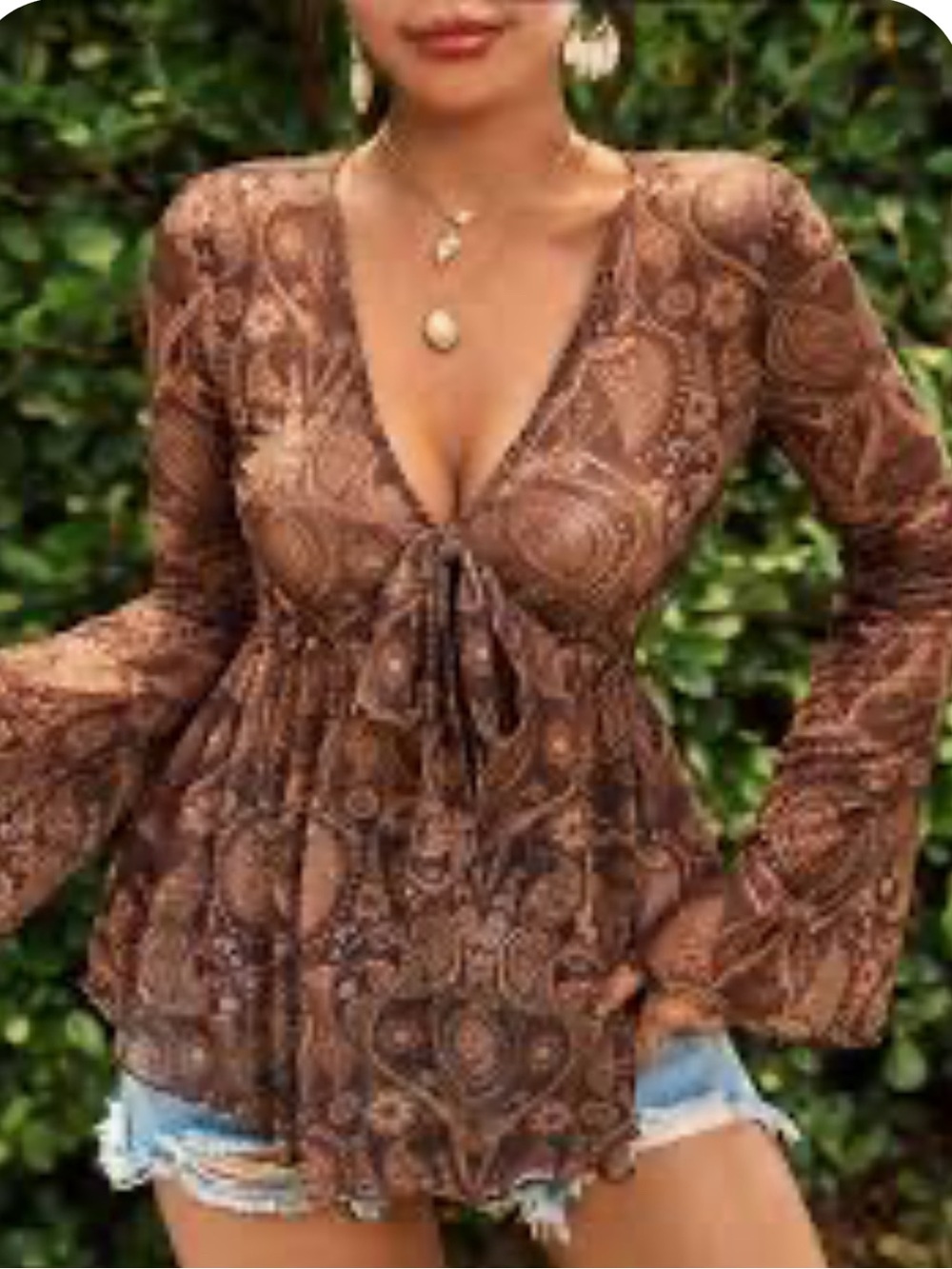 Floerns Women's V Neck Floral Print Sheer Mesh Bell Sleeve Ruffle Peplum top.
